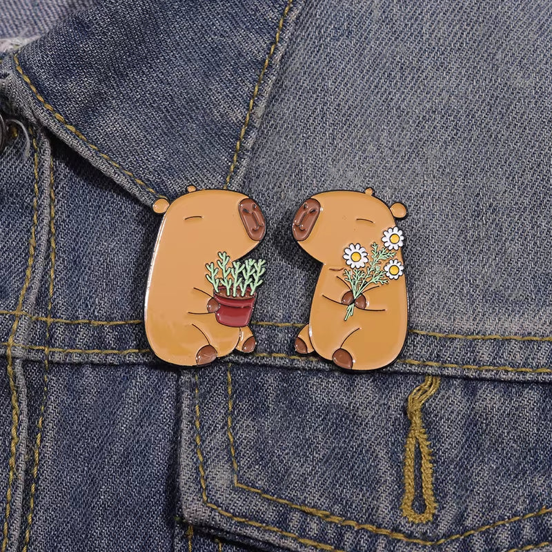 Wholesale Cute Capybara Enamel Pins Cartoon Animal Hard Metal Brooches Shirt Backpack Lapel Badge Jewelry Gift for Kids Friends