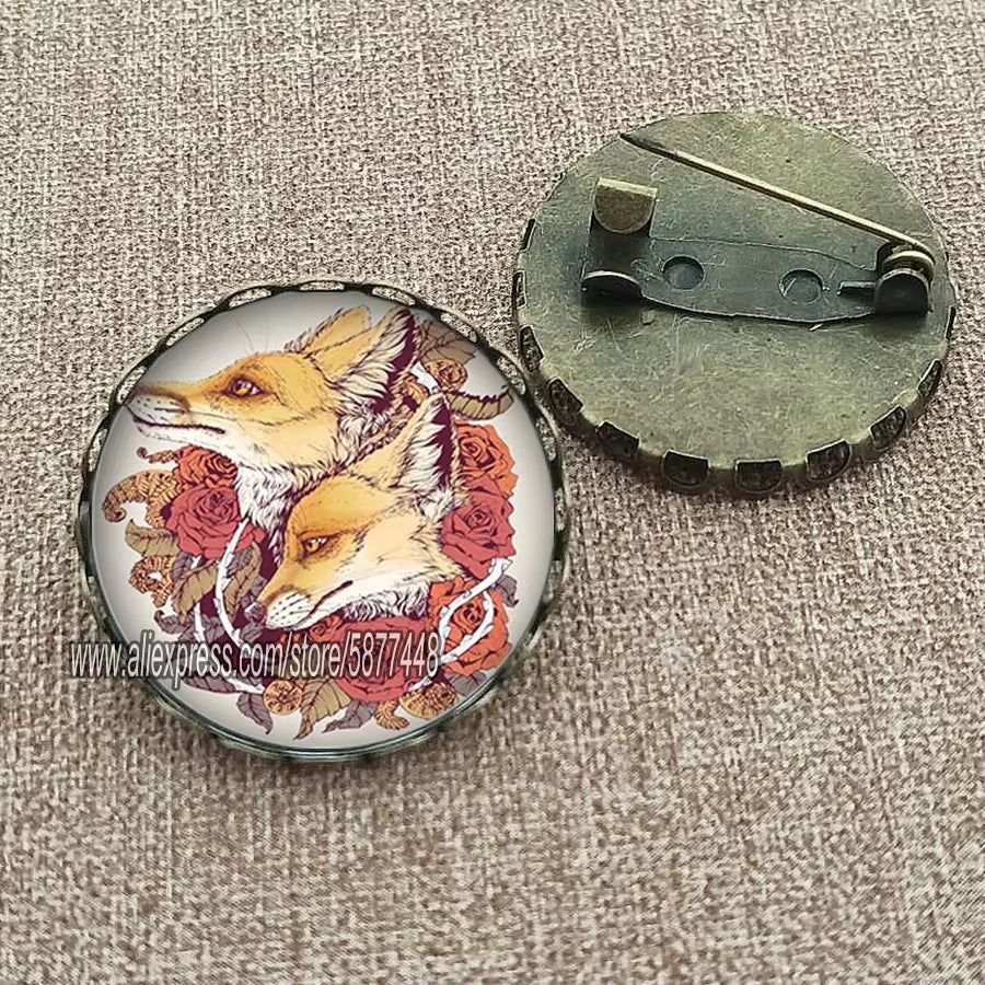 Cute Fox and Flower Women Pattern Glass Cabochon Brooch Lovely Animal Charm Pin Gift for Girl and Boy