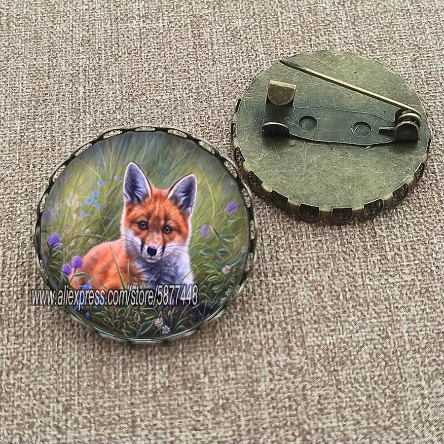 Cute Fox and Flower Women Pattern Glass Cabochon Brooch Lovely Animal Charm Pin Gift for Girl and Boy