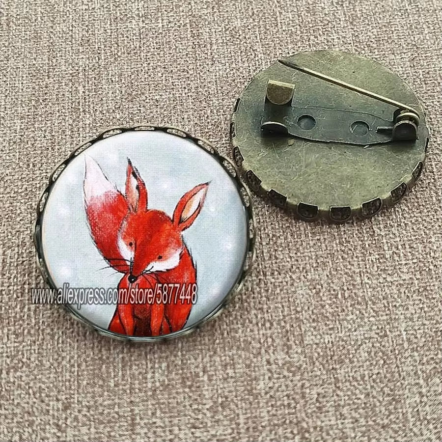 Cute Fox and Flower Women Pattern Glass Cabochon Brooch Lovely Animal Charm Pin Gift for Girl and Boy
