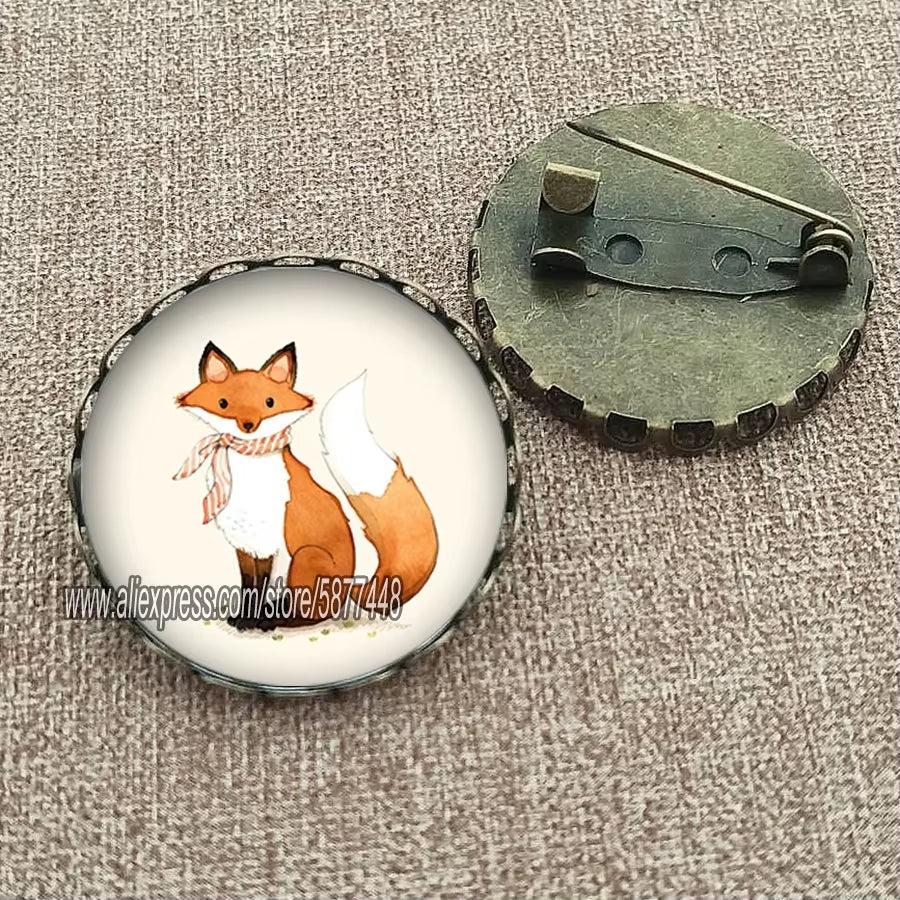 Cute Fox and Flower Women Pattern Glass Cabochon Brooch Lovely Animal Charm Pin Gift for Girl and Boy