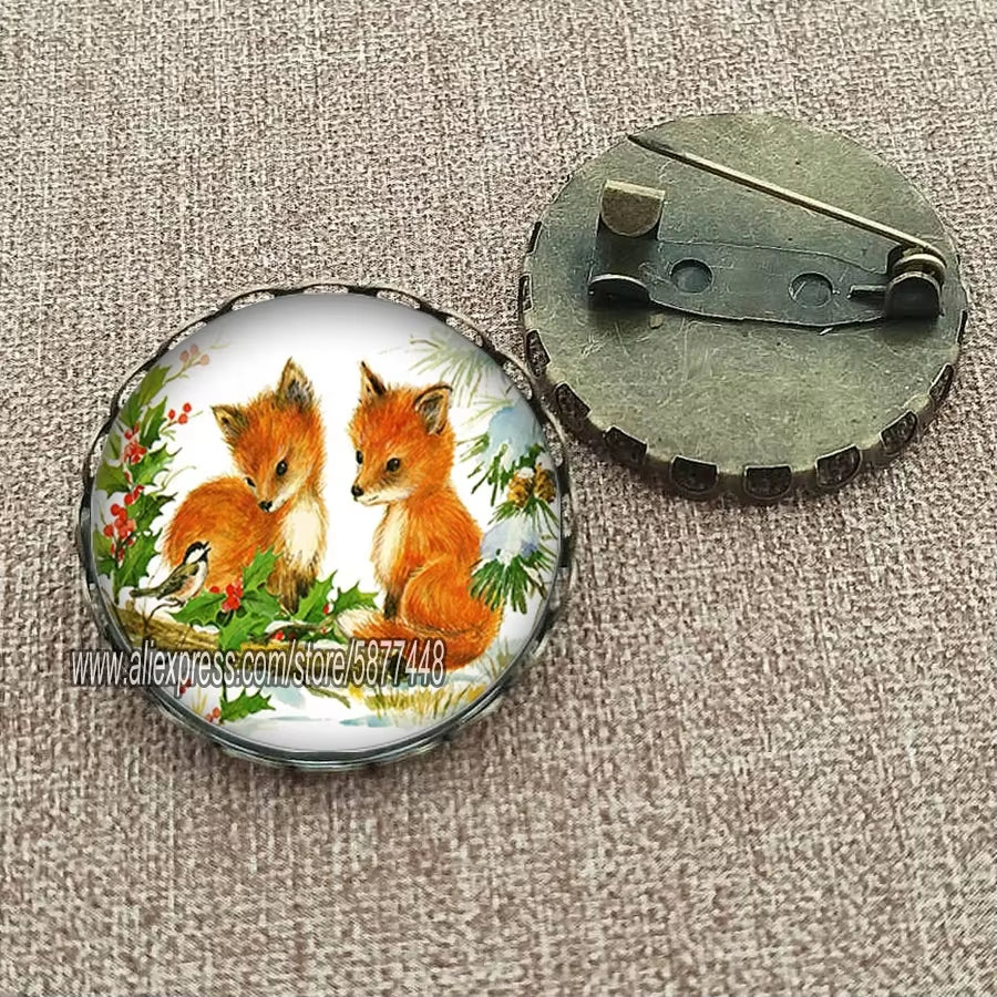 Cute Fox and Flower Women Pattern Glass Cabochon Brooch Lovely Animal Charm Pin Gift for Girl and Boy