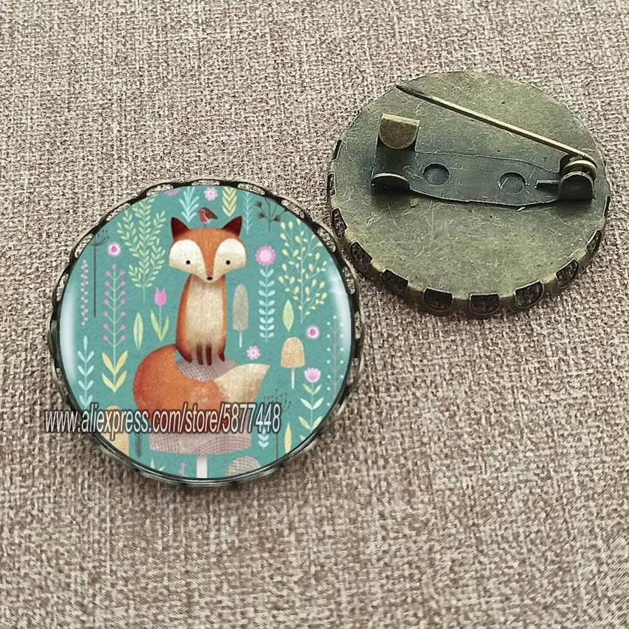 Cute Fox and Flower Women Pattern Glass Cabochon Brooch Lovely Animal Charm Pin Gift for Girl and Boy
