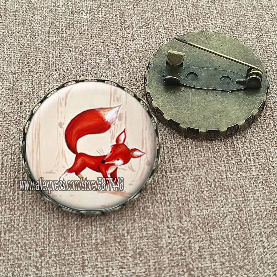 Cute Fox and Flower Women Pattern Glass Cabochon Brooch Lovely Animal Charm Pin Gift for Girl and Boy