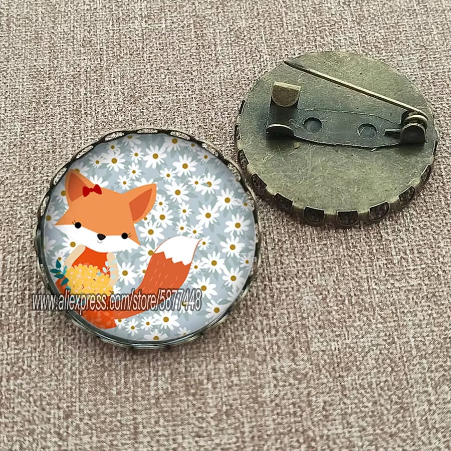Cute Fox and Flower Women Pattern Glass Cabochon Brooch Lovely Animal Charm Pin Gift for Girl and Boy