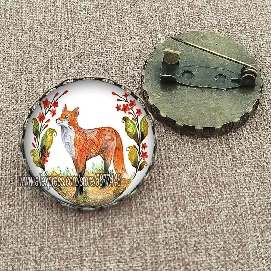 Cute Fox and Flower Women Pattern Glass Cabochon Brooch Lovely Animal Charm Pin Gift for Girl and Boy