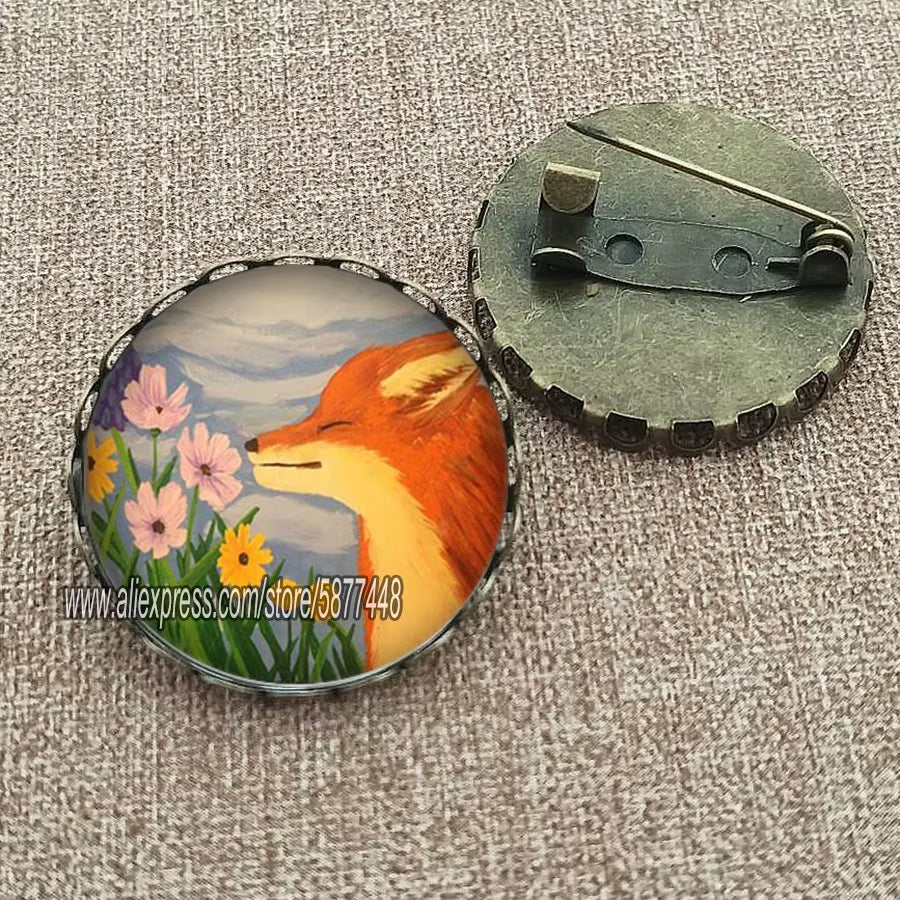 Cute Fox and Flower Women Pattern Glass Cabochon Brooch Lovely Animal Charm Pin Gift for Girl and Boy