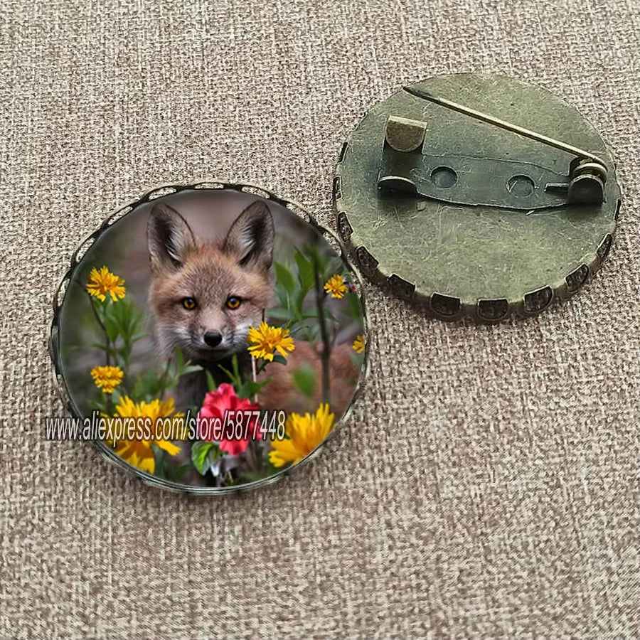 Cute Fox and Flower Women Pattern Glass Cabochon Brooch Lovely Animal Charm Pin Gift for Girl and Boy