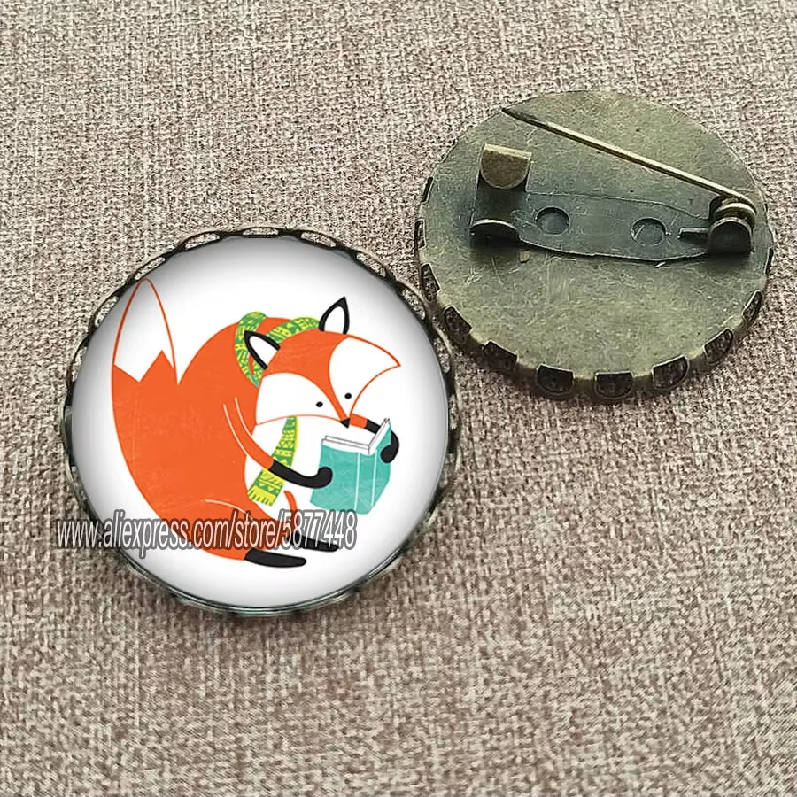 Cute Fox and Flower Women Pattern Glass Cabochon Brooch Lovely Animal Charm Pin Gift for Girl and Boy