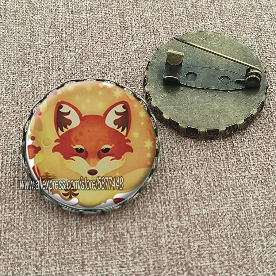 Cute Fox and Flower Women Pattern Glass Cabochon Brooch Lovely Animal Charm Pin Gift for Girl and Boy