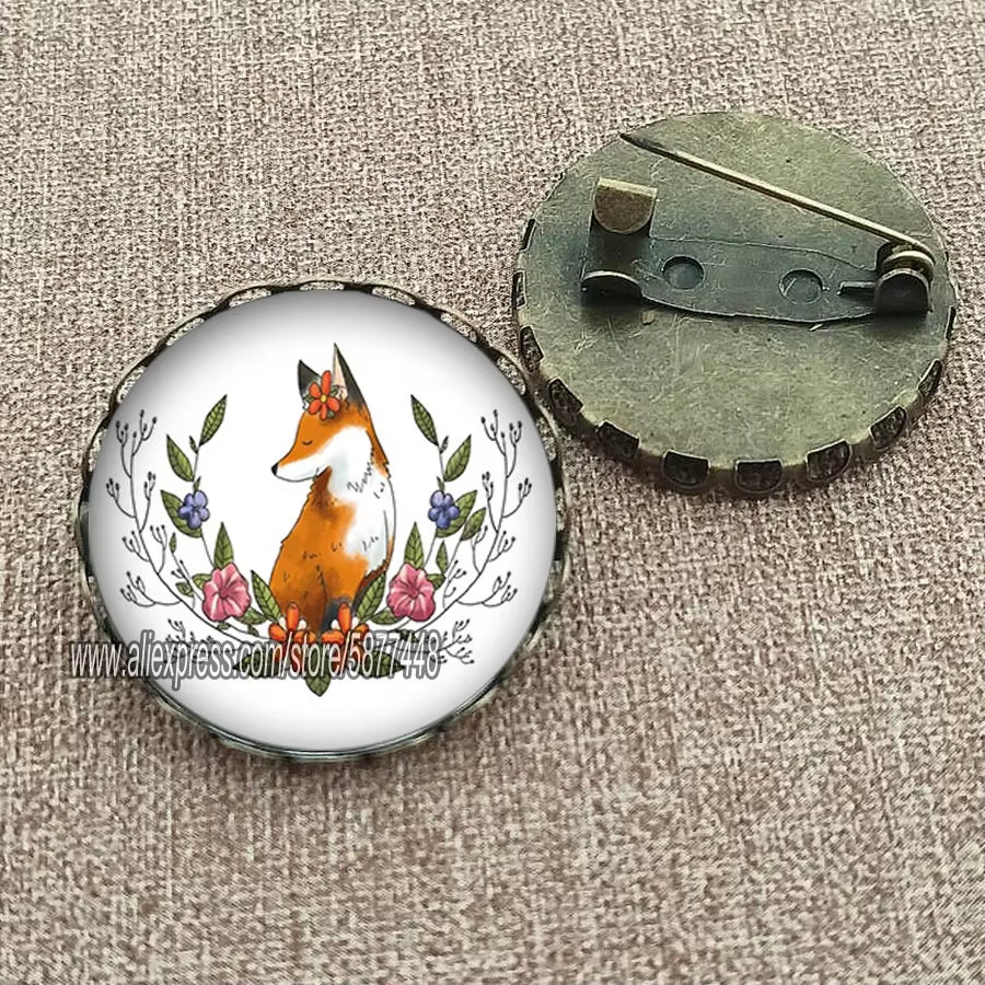 Cute Fox and Flower Women Pattern Glass Cabochon Brooch Lovely Animal Charm Pin Gift for Girl and Boy