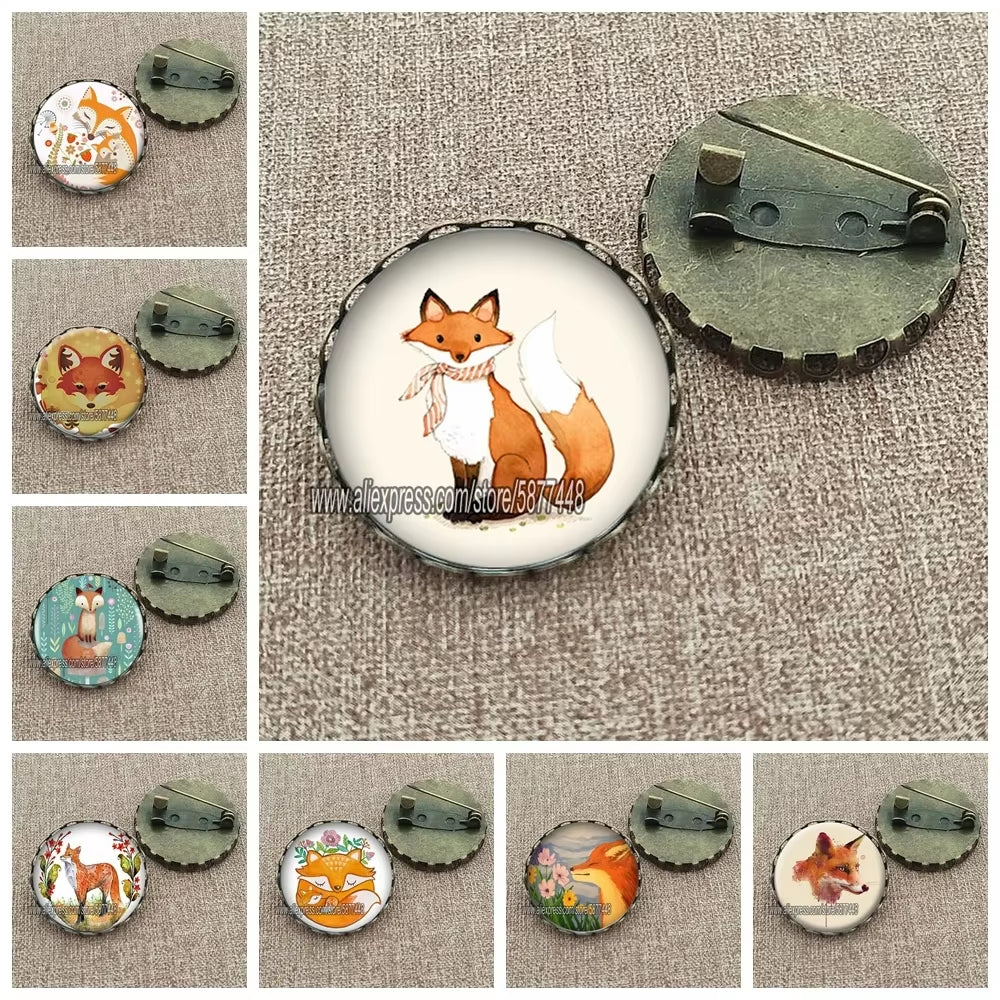 Cute Fox and Flower Women Pattern Glass Cabochon Brooch Lovely Animal Charm Pin Gift for Girl and Boy