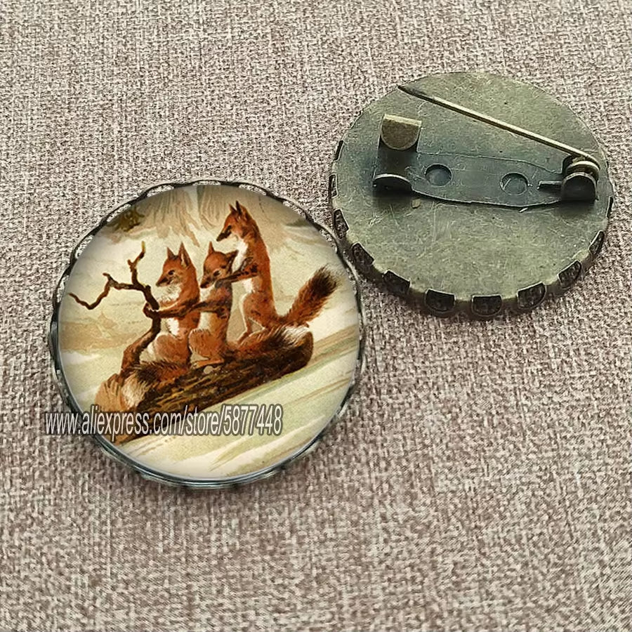 Cute Fox and Flower Women Pattern Glass Cabochon Brooch Lovely Animal Charm Pin Gift for Girl and Boy