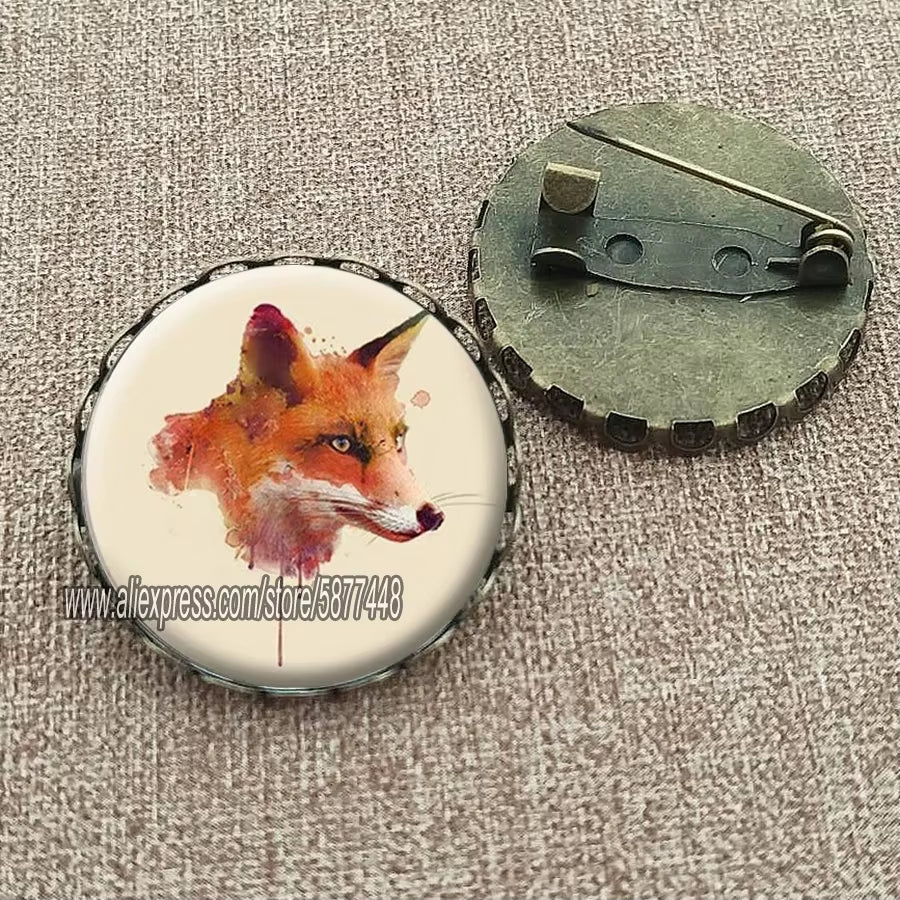 Cute Fox and Flower Women Pattern Glass Cabochon Brooch Lovely Animal Charm Pin Gift for Girl and Boy